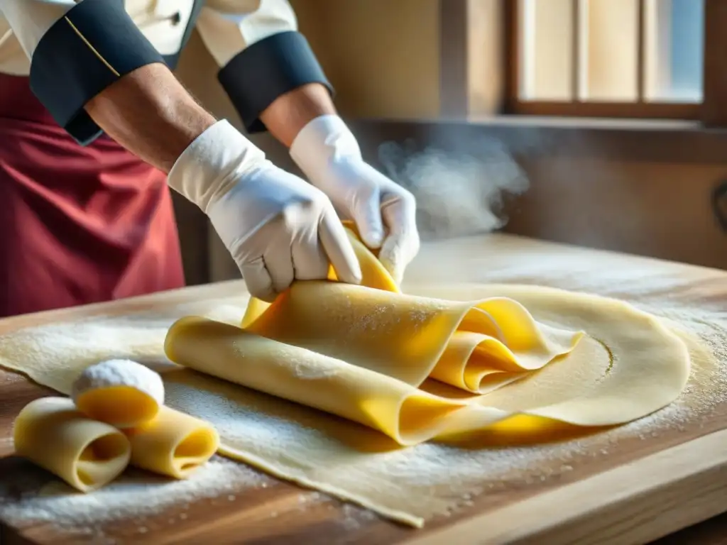 Un chef italiano experto amasa pasta fresca a mano, en un proceso tradicional de cocina italiana platos tradicionales