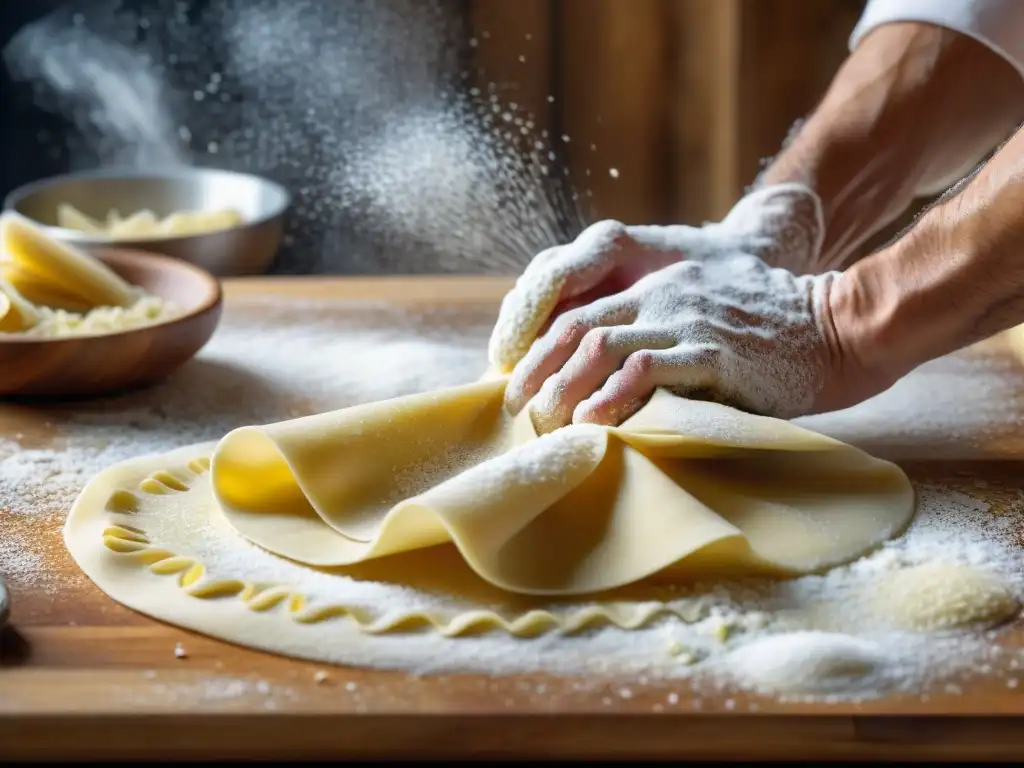 Un chef italiano experto amasa pasta fresca en una cocina rústica, mostrando técnicas tradicionales de cocina italiana regional