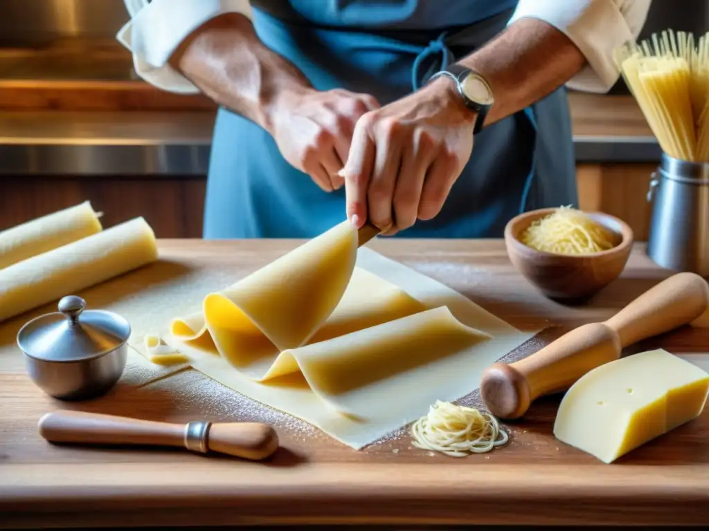 Un chef italiano experto amasa pasta con rodillo de madera en una mesa rústica, rodeado de utensilios de cocina tradicionales