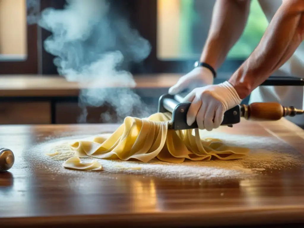 Un chef italiano experto amasa pasta fresca con utensilios de cocina italianos