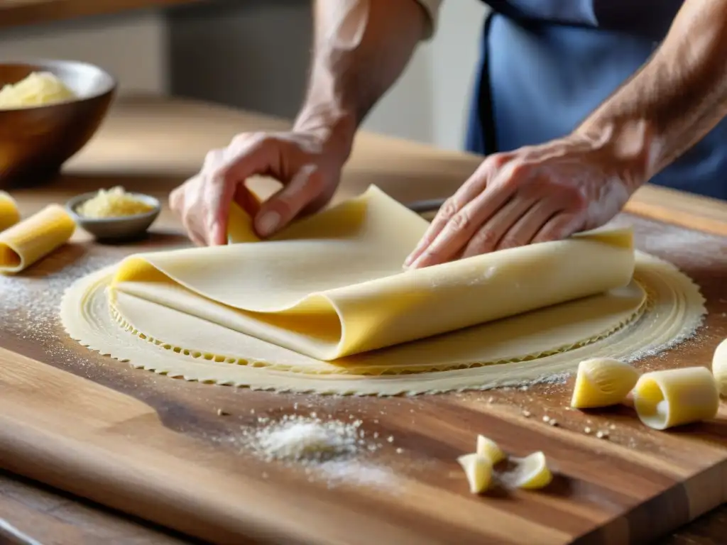 Un chef italiano experto amasa pasta fresca con utensilios de cocina italianos auténticos