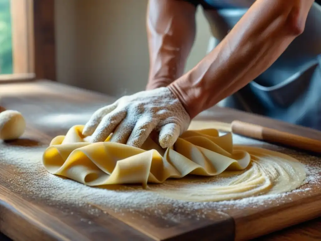 Un chef italiano experto amasa pasta fresca en una encimera de madera, iluminado por luz natural