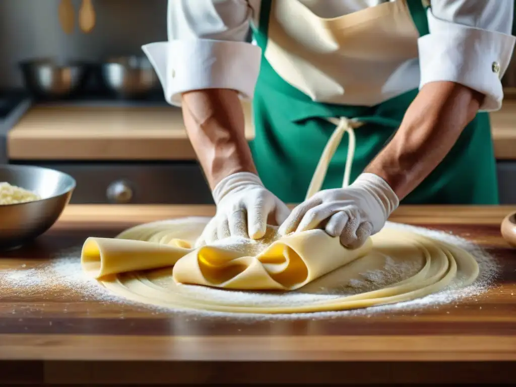 Un chef italiano experto amasa pasta a mano en una cocina rústica, destacando las diferencias DOP e IGP en cocina italiana