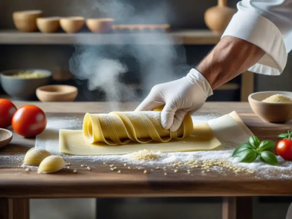 Un chef italiano experto amasa pasta fresca con destreza, evocando la autenticidad de los Productos DOP e IGP Italianos Festividades