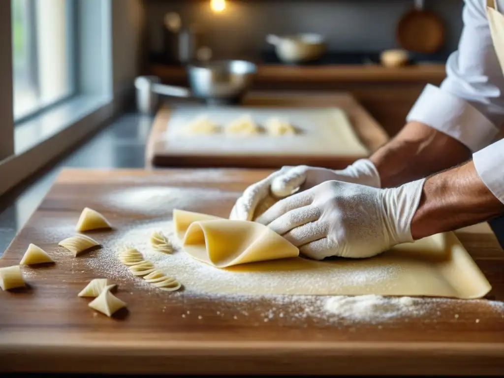 Un chef italiano experto amasa pasta fresca en una cocina tradicional, destacando la textura de la masa y la luz natural