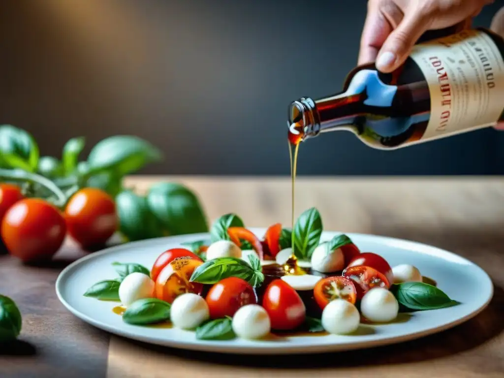 Un chef italiano experto vierte vinagre balsámico sobre una ensalada Caprese, reflejando las tendencias cocina italiana vinagre