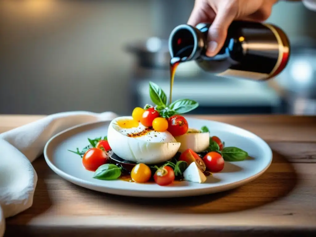 Un chef italiano experto rocía vinagre balsámico sobre una ensalada de burrata y tomate, en una cocina rústica