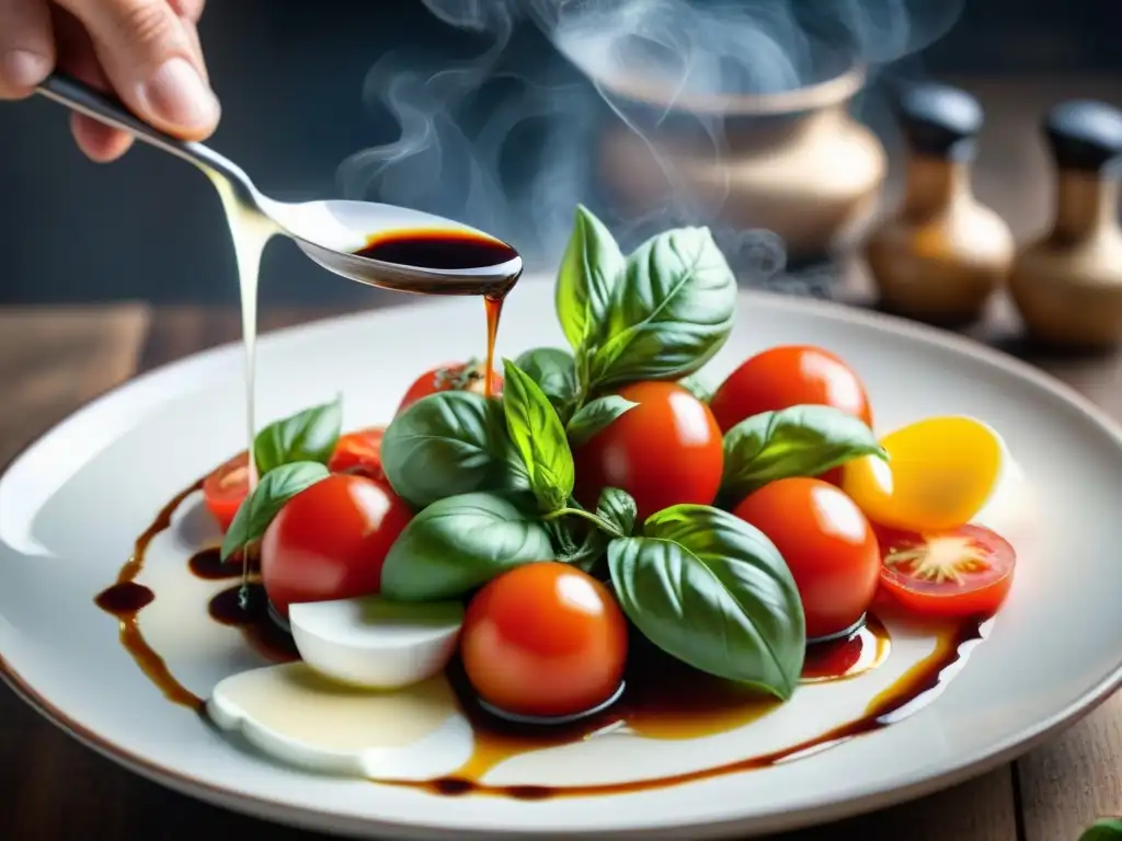 Un chef italiano experto vierte vinagre balsámico sobre una ensalada Caprese, destacando la textura y color del vinagre en la cocina italiana