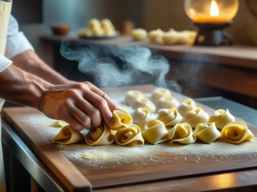 El chef italiano experto en Bolonia revela los secretos culinarios al hacer tortellini a mano en una cocina rústica