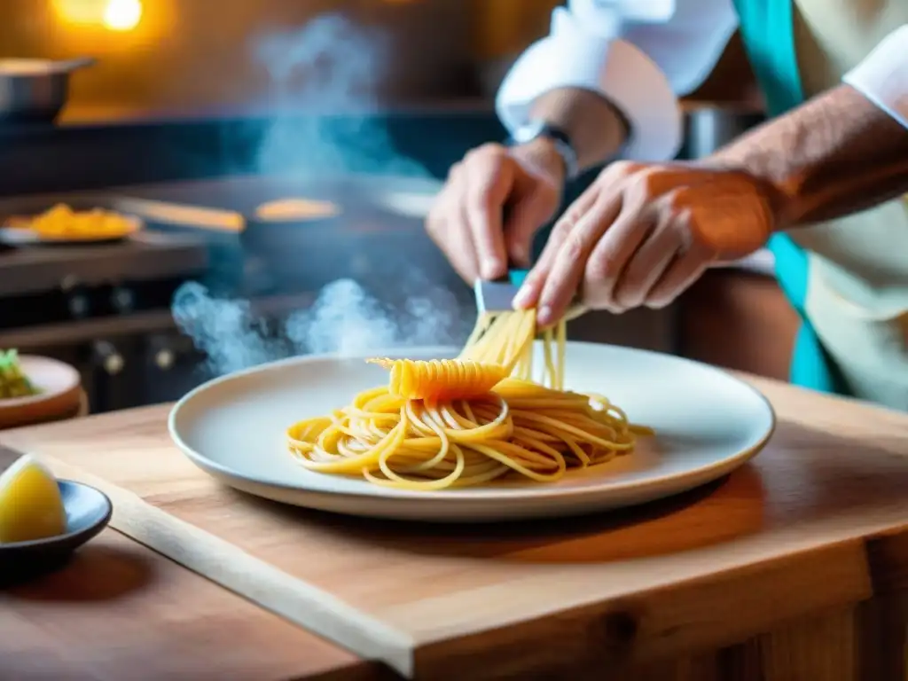 Un chef italiano experto rallando bottarga dorada sobre pasta fresca en Sardinia