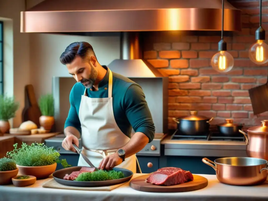 Un chef italiano experto cocina carne a la parrilla en un horno de ladrillo, evocando las técnicas de cocción de carnes italianas