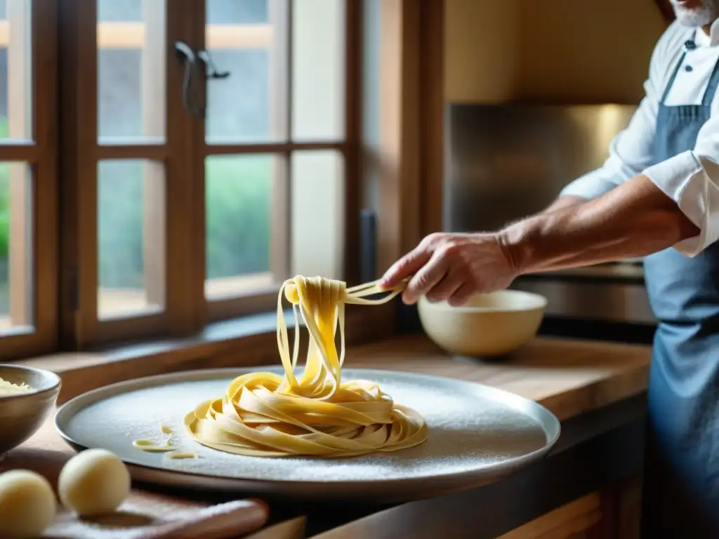 Chef italiano experto preparando tagliatelle caseros, plasmando la tradición de la cocina italiana contemporánea