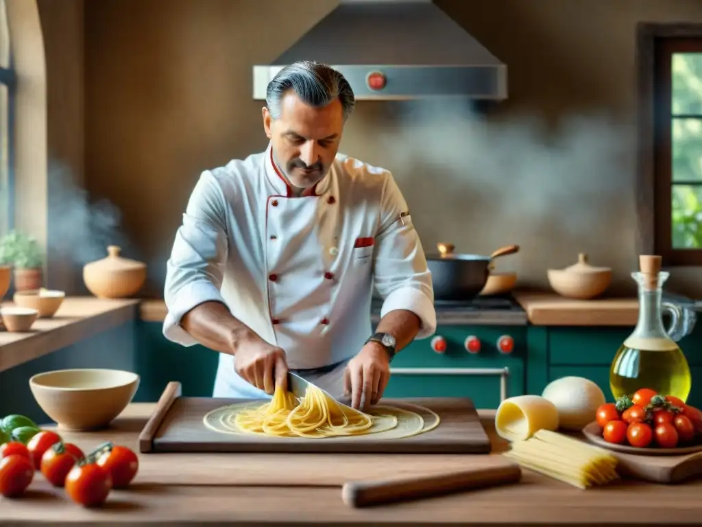 Chef italiano experto en clase de cocina con música de ópera, creando una auténtica experiencia gastronómica italiana