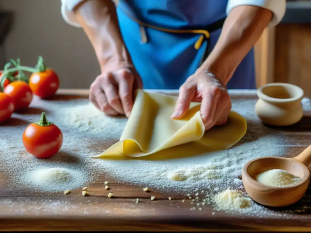 Un chef italiano experto en Clases de cocina italiana tradicional enrolla a mano finas láminas de pasta fresca en una cocina rústica