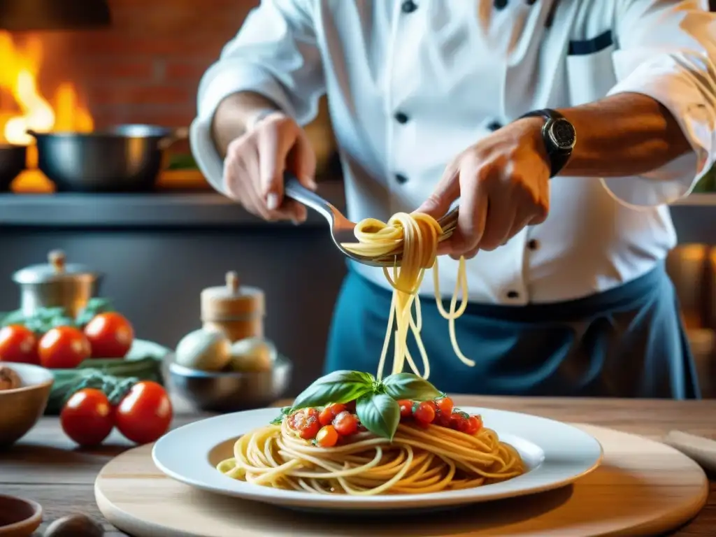 Chef italiano experto en cocina, creando platos tradicionales en una bulliciosa cocina italiana con tomates frescos y albahaca