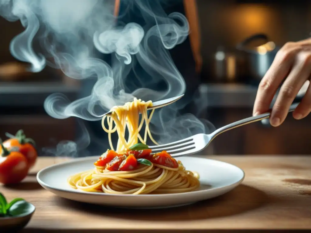 Un chef italiano experto en una cocina tradicional, preparando pasta al dente con salsa de tomate aromática