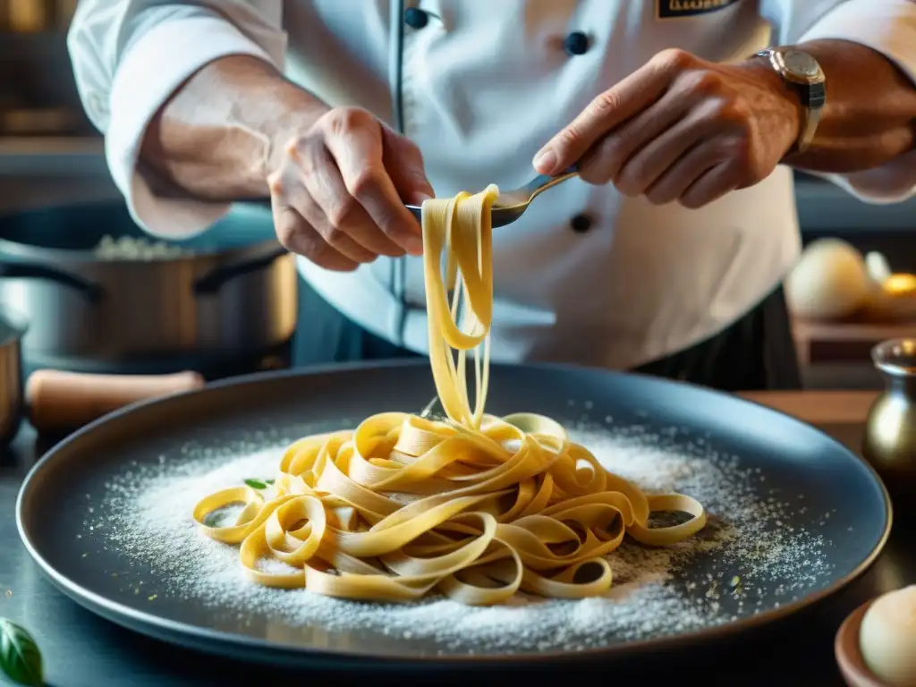 Un chef italiano experto redefine la cocina, hilando pasta fresca con precisión en una cocina tradicional italiana