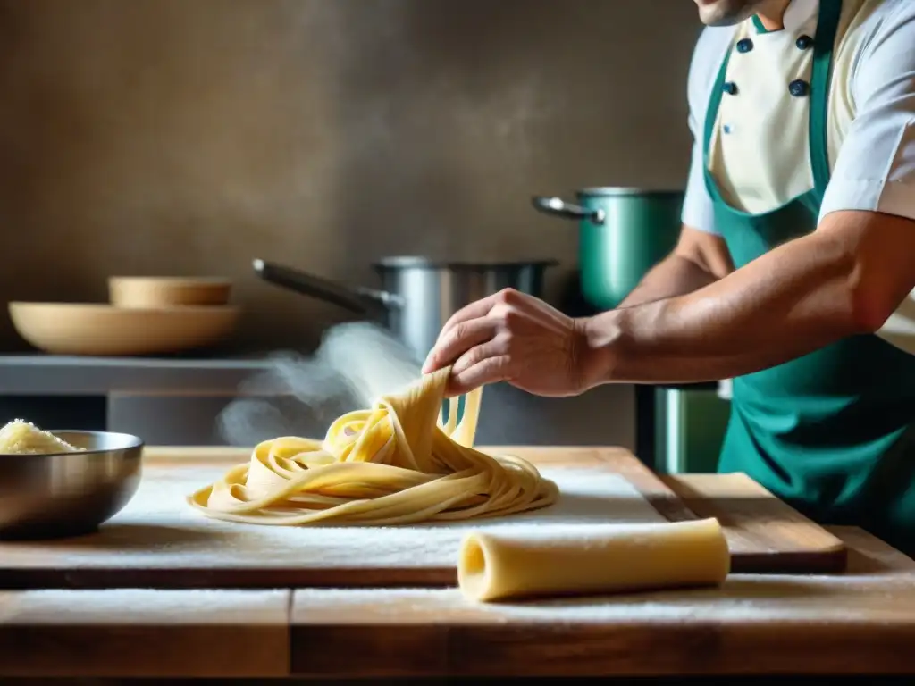 Un chef italiano experto en cocina italiana sabores olvidados, crea con destreza pasta fresca artesanal en una cocina nostálgica y rústica