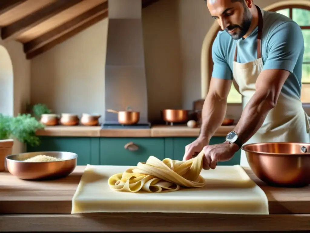 Un chef italiano experto en cocina tradicional de la Toscana, preparando pasta fresca con destreza