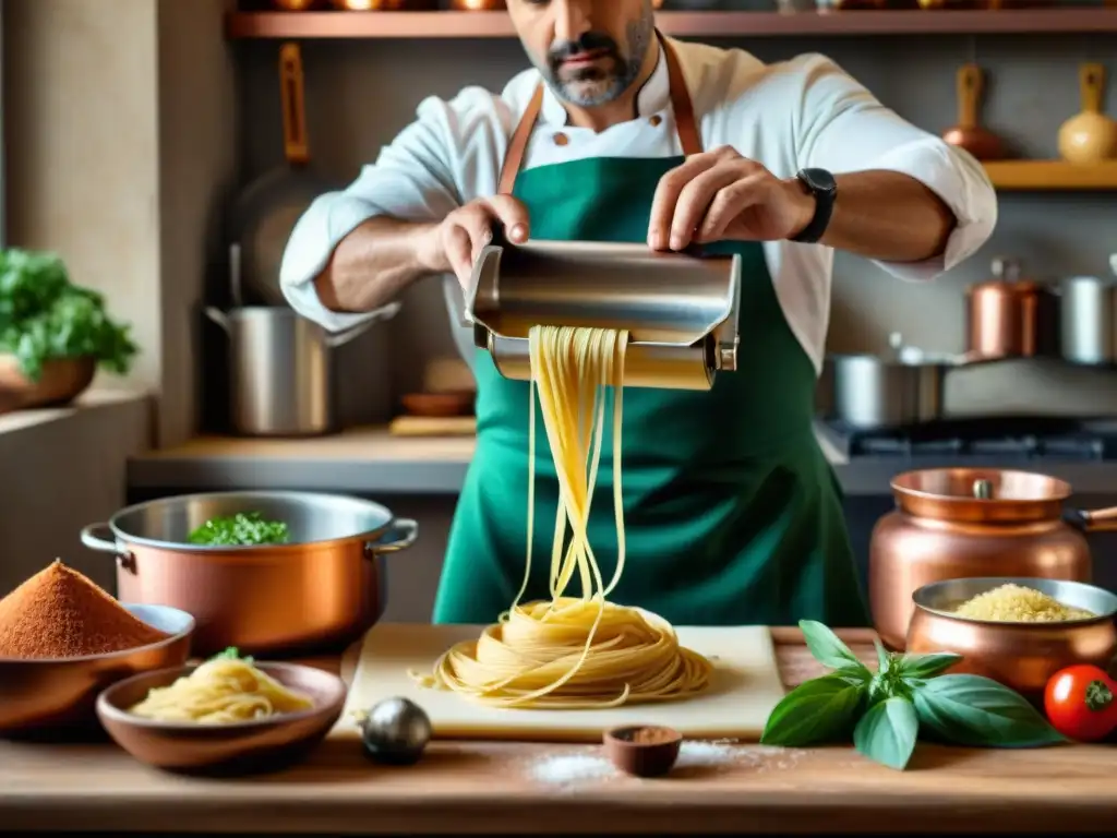 Un chef italiano experto en una cocina rústica, creando pasta a mano con utensilios de cocina italianos modernos