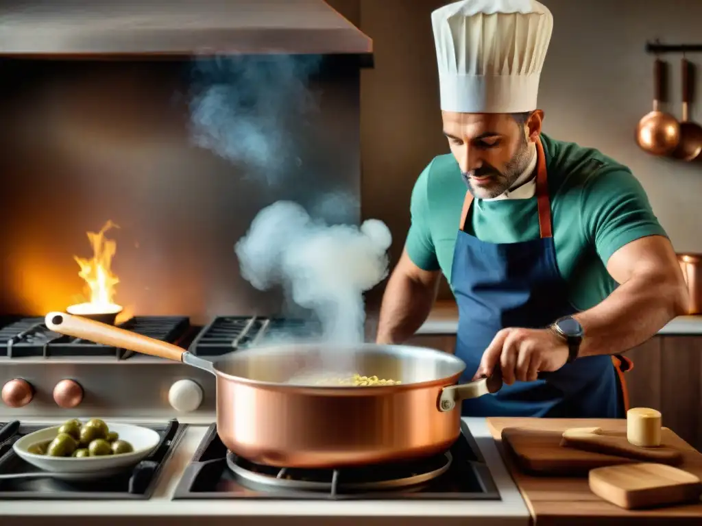 Un chef italiano experto en una cocina toscana tradicional usando utensilios de cocina auténticos