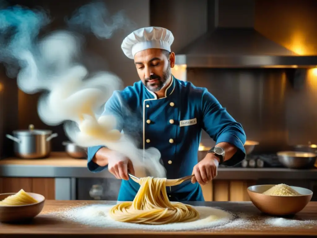 Un chef italiano experto en cocina, haciendo malabares con masa de pasta en el aire, rodeado de harina como una nevada mágica