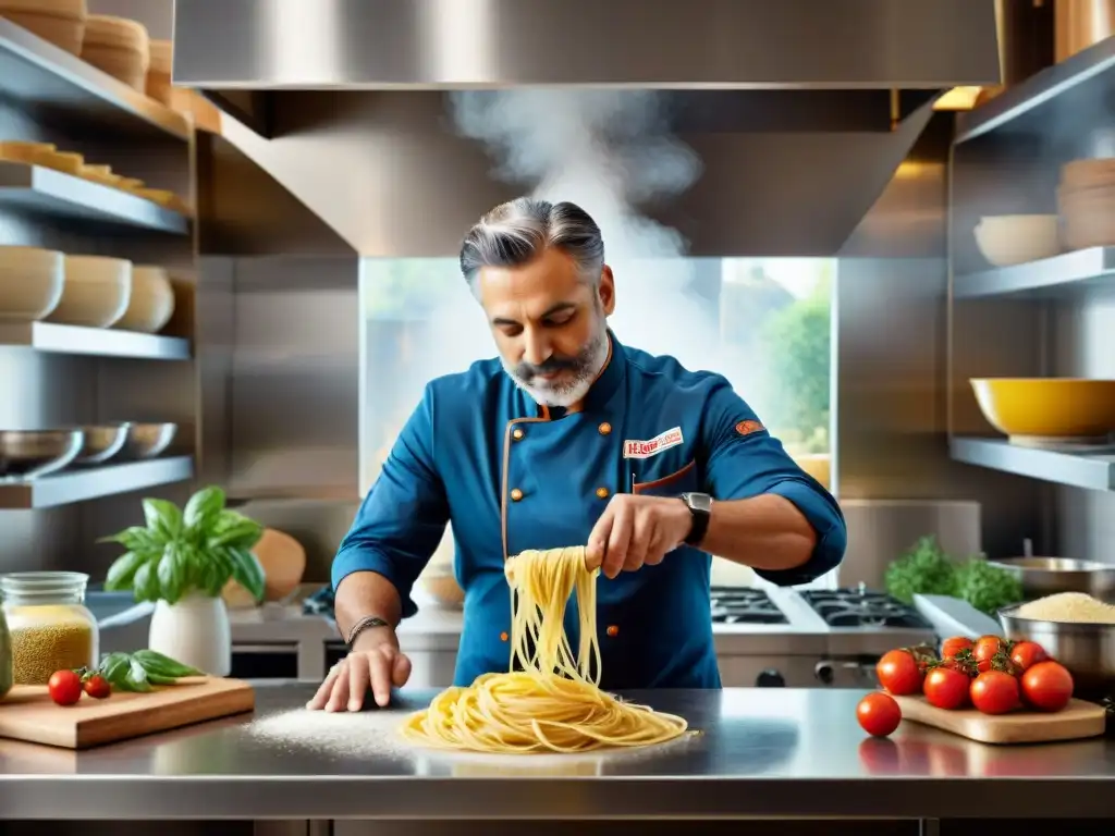 Un chef italiano experto en una cocina moderna, preparando pasta fresca