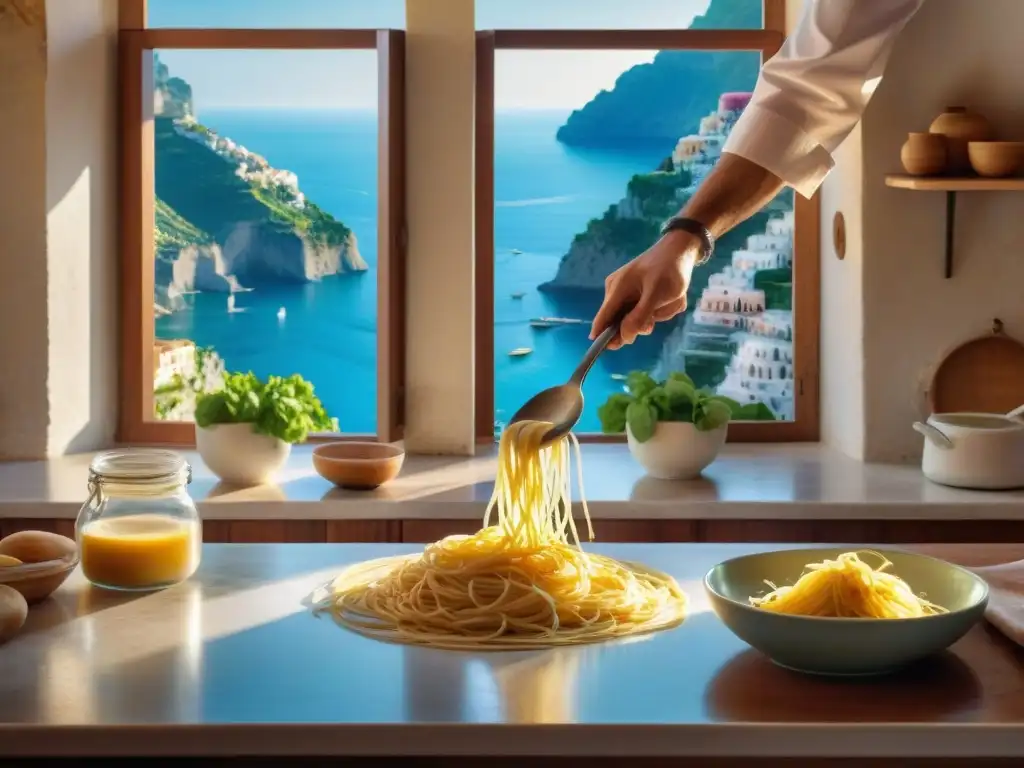 Un chef italiano experto en cocina tradicional italiana Costa Amalfitana, elaborando pasta a mano en una encantadora cocina rústica