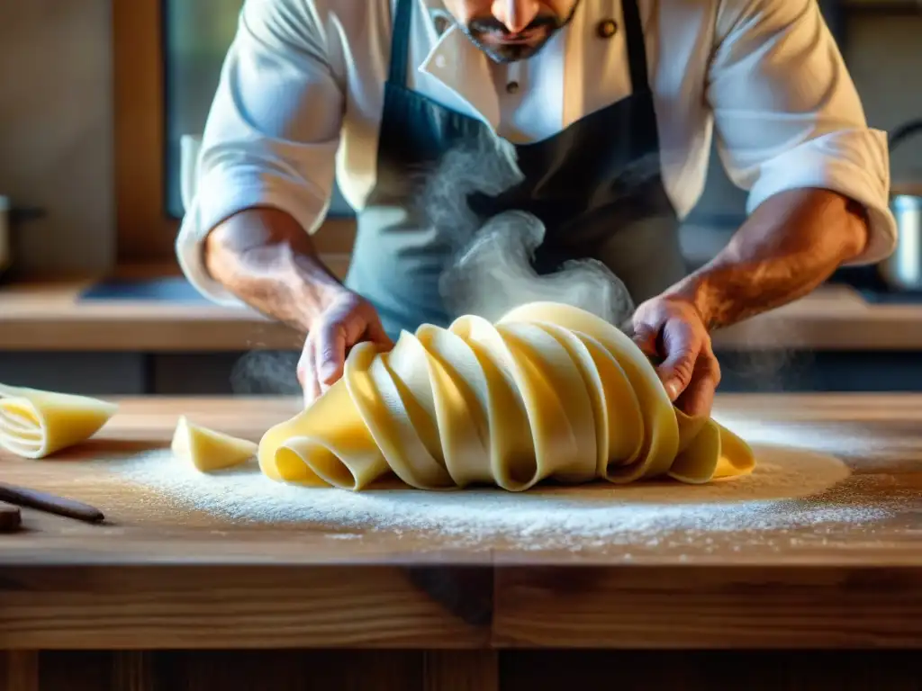 Un chef italiano experto en cocina italiana platos icónicos, creando pasta fresca con arte y pasión en una cálida cocina soleada