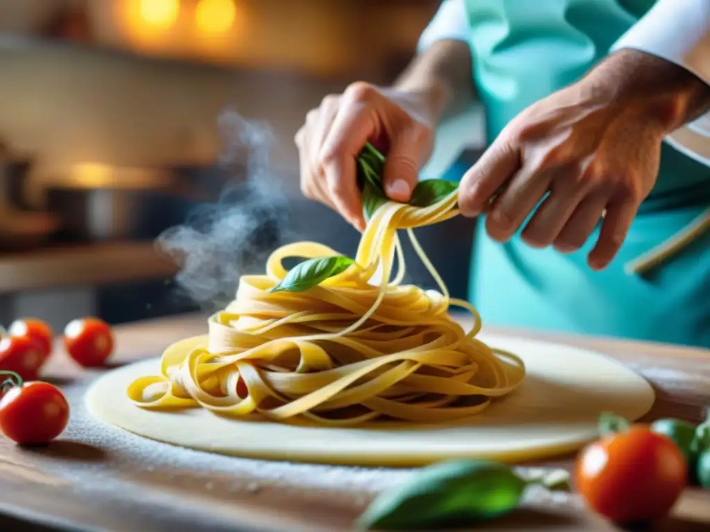 Un chef italiano experto en cocina italiana platos tradicionales, creando pasta fresca con pasión y destreza