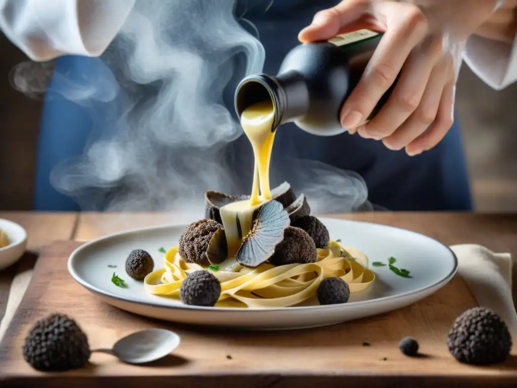 Un chef italiano experto en cocina italiana, rallando trufas negras frescas sobre tagliatelle casero y añadiendo aceite de trufa para realzar sabores