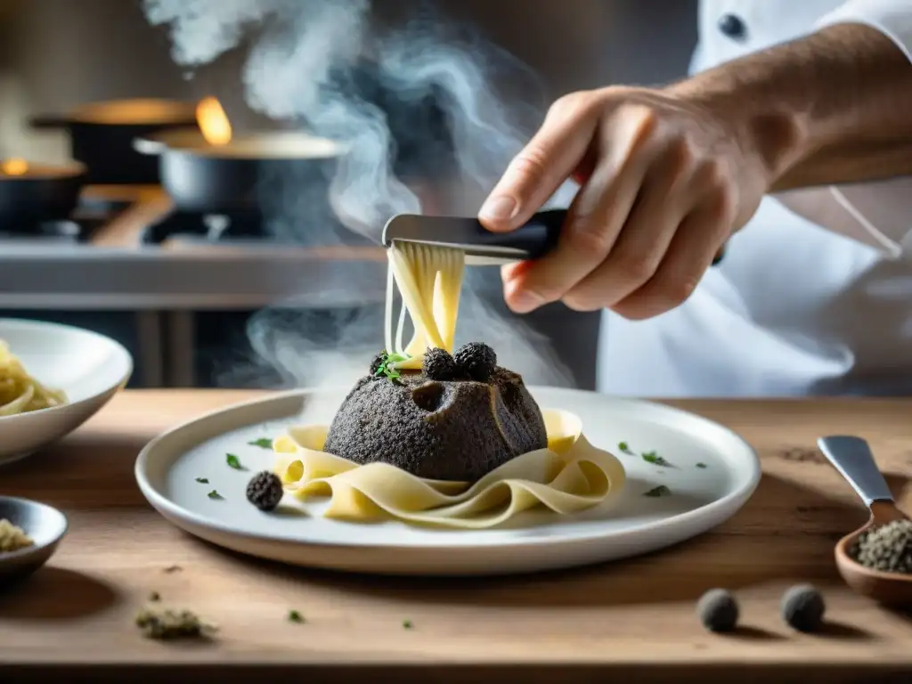 Un chef italiano experto en cocina tradicional, preparando trufa sobre pasta casera