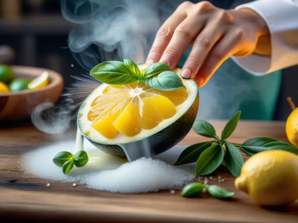 Un chef italiano experto zesteando Limón de Sorrento IGP en una cocina auténtica llena de ingredientes coloridos