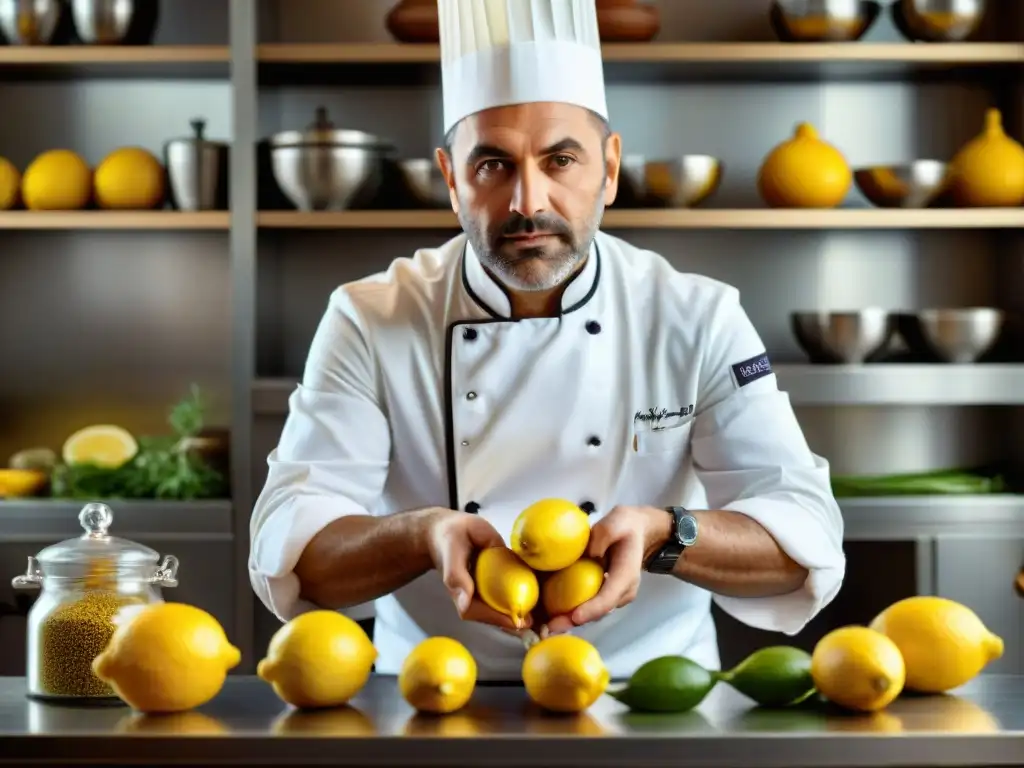 Un chef italiano experto en cocina tradicional rallando un vibrante Limón de Sorrento IGP en una cocina llena de especias y utensilios de cocina, inmerso en la artesanía culinaria italiana