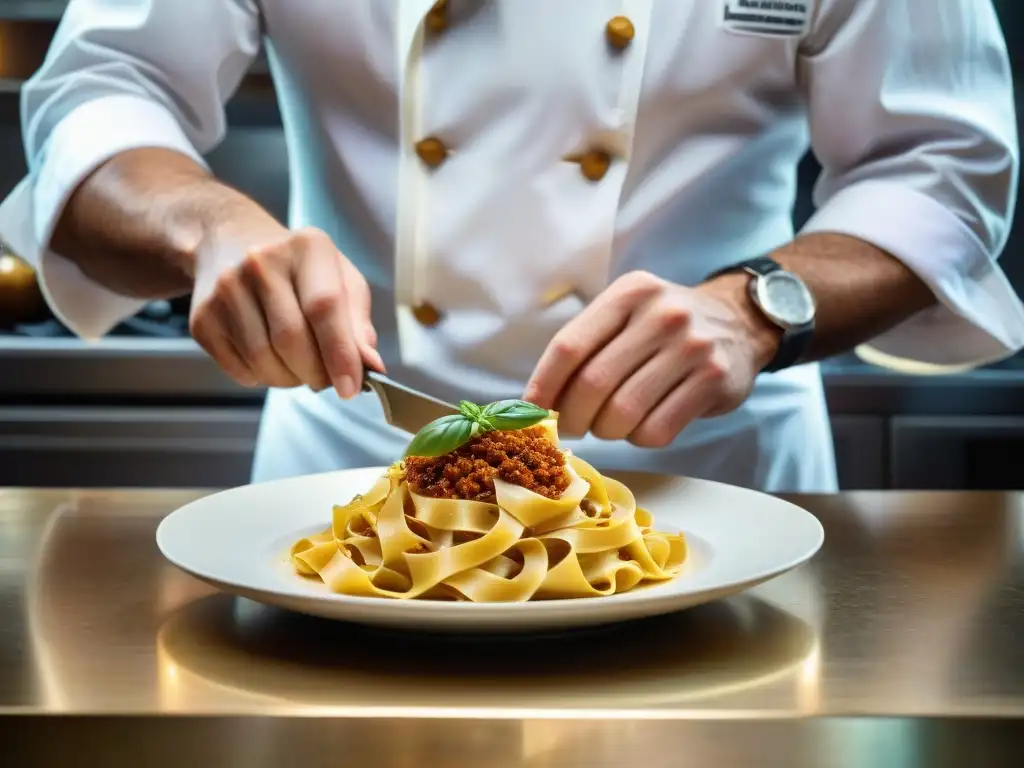 Un chef italiano experto en cocina, preparando platillo con productos DOP e IGP en cocina italiana