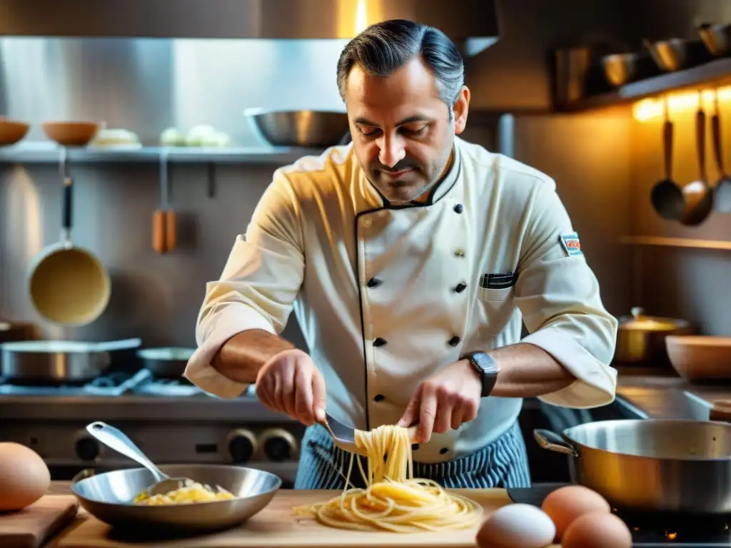 Un chef italiano experto en una cocina romana, preparando la auténtica Carbonara