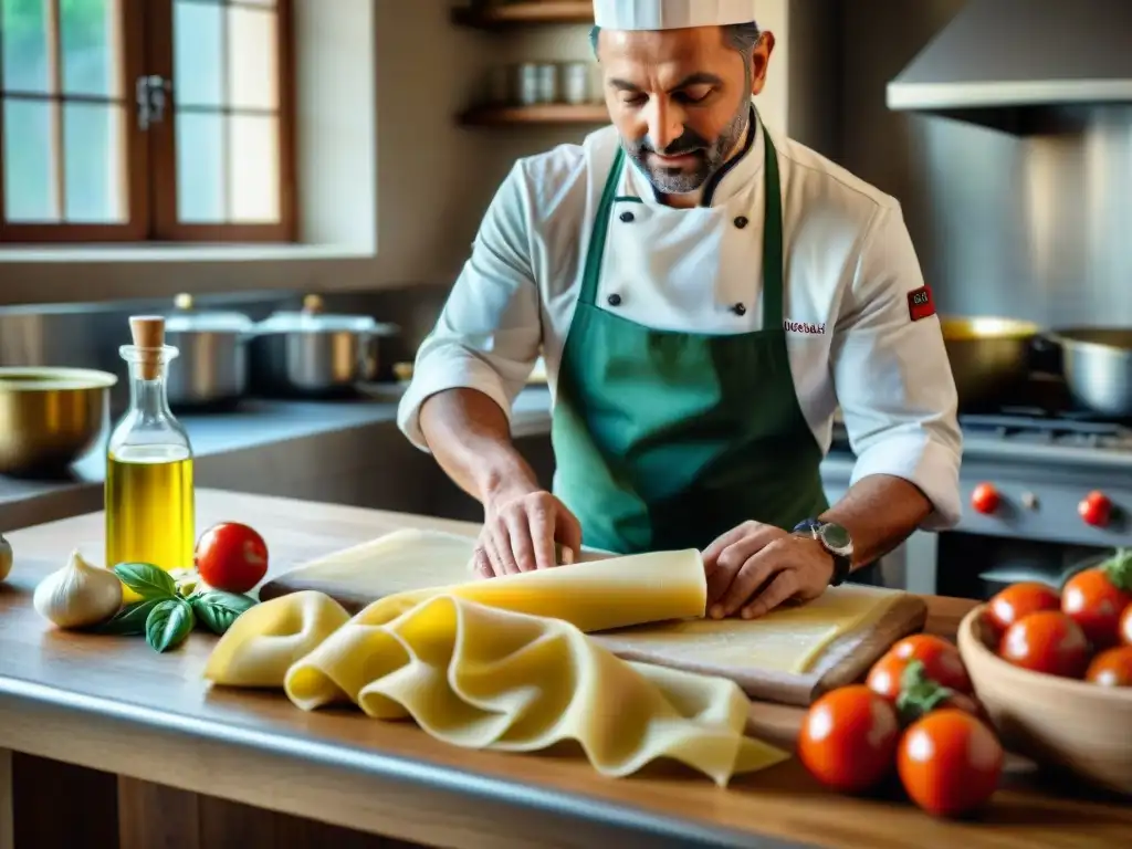 Un chef italiano experto en cocina, preparando pasta fresca con Productos DOP e IGP en una cocina tradicional