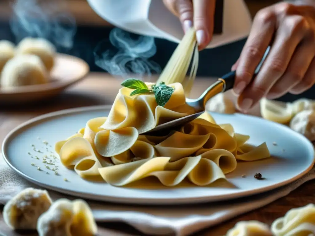 Chef italiano experto en cocina, rallando trufas blancas sobre pasta fresca