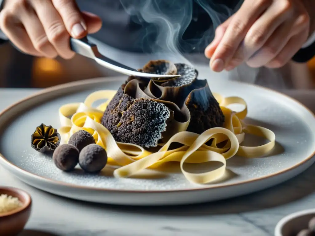 Un chef italiano experto en cocina, rallando trufas negras sobre tagliatelle caliente en una cocina tradicional