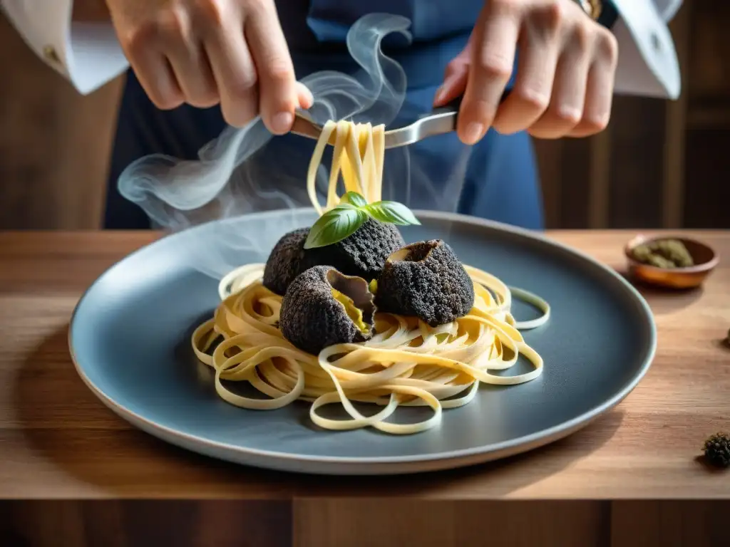 Un chef italiano experto en cocina, rallando trufas frescas sobre tagliatelle casero en una cocina tradicional