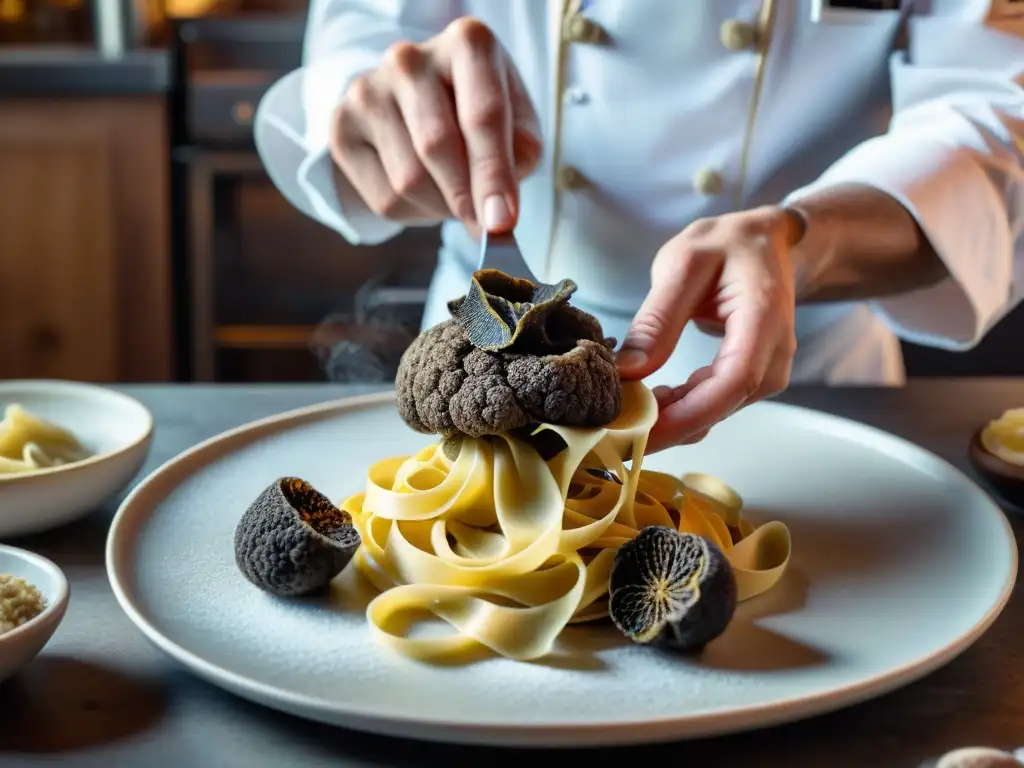 Un chef italiano experto en la cocina tradicional, delicadamente rallando trufa negra fresca sobre tagliatelle casera en un plato humeante