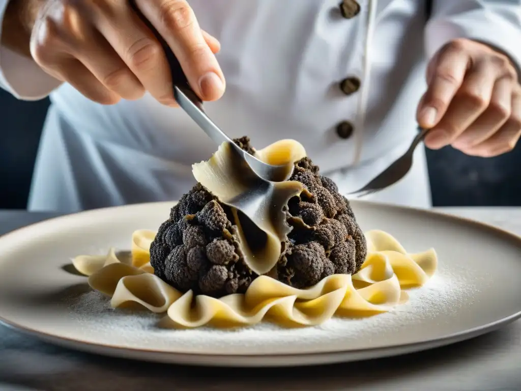 Un chef italiano experto en cocina, rallando una trufa negra sobre pasta fresca