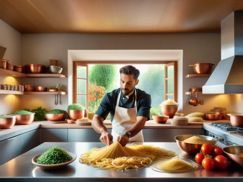 Un chef italiano experto en una cocina bulliciosa creando pasta artesanal