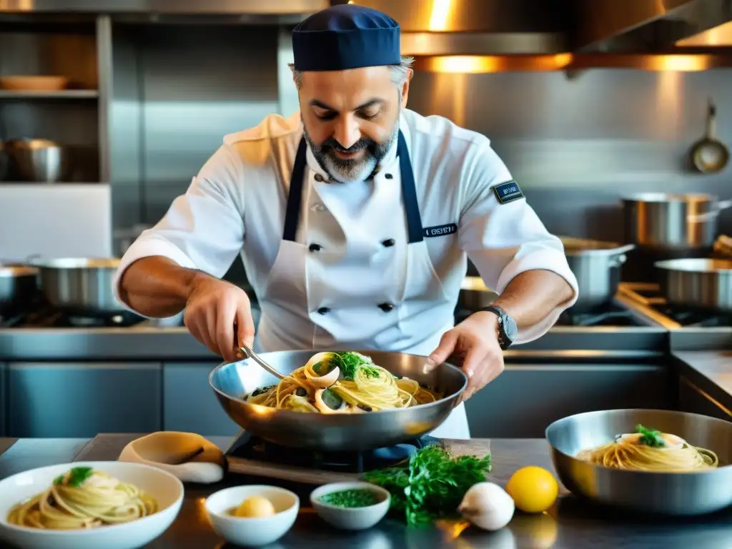 Un chef italiano experto prepara linguine alle vongole en una cocina rústica con vista al mar Mediterráneo