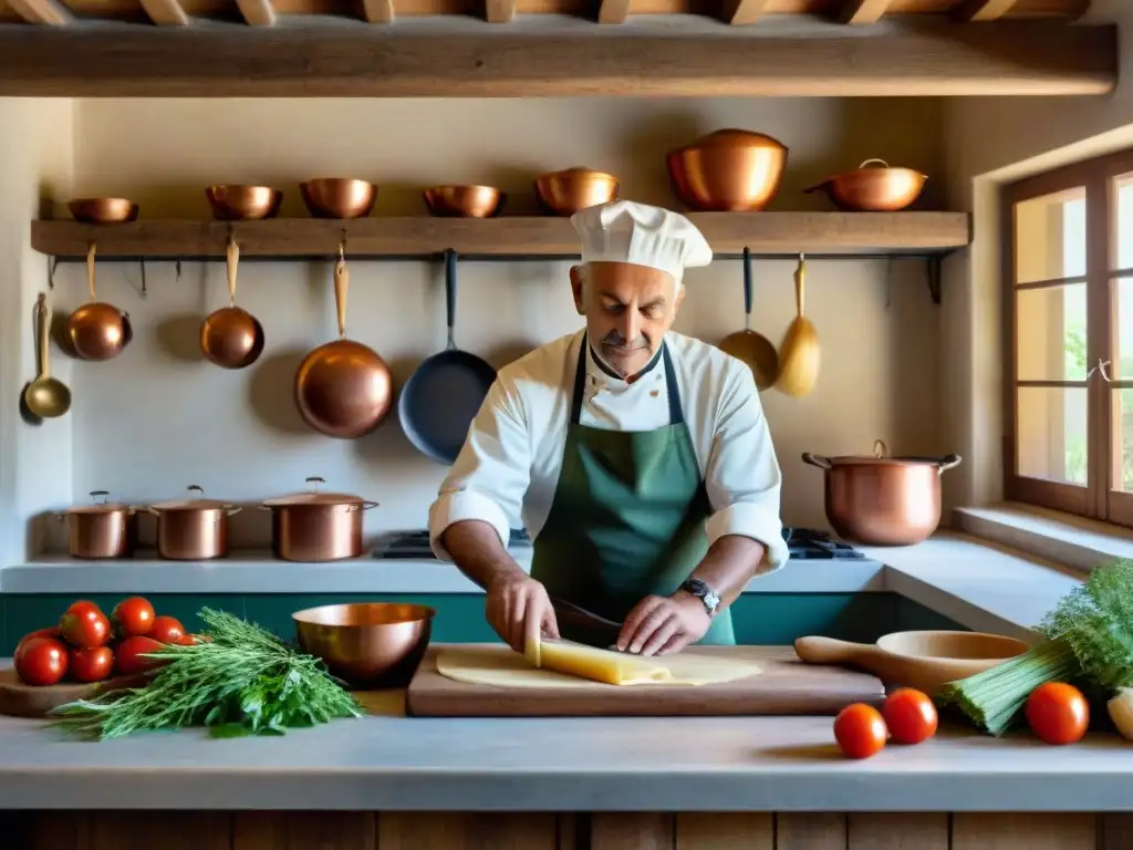 Un chef italiano experto en cocina tradicional de Piemonte, Italia, preparando pasta a mano en una cocina rústica