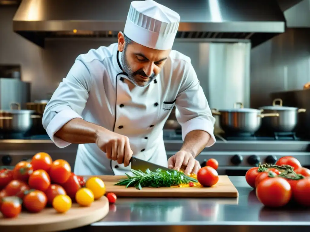 Chef italiano experto en cocina tradicional, preparando plato con ingredientes frescos