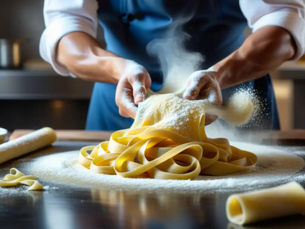 Un chef italiano experto en cocina italiana platos tradicionales, haciendo pasta fresca a mano con destreza y pasión