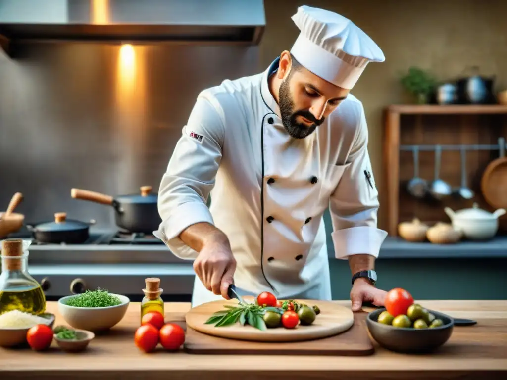 Un chef italiano experto en cocina gourmet, preparando un plato con aceite de oliva premium en una cocina rústica