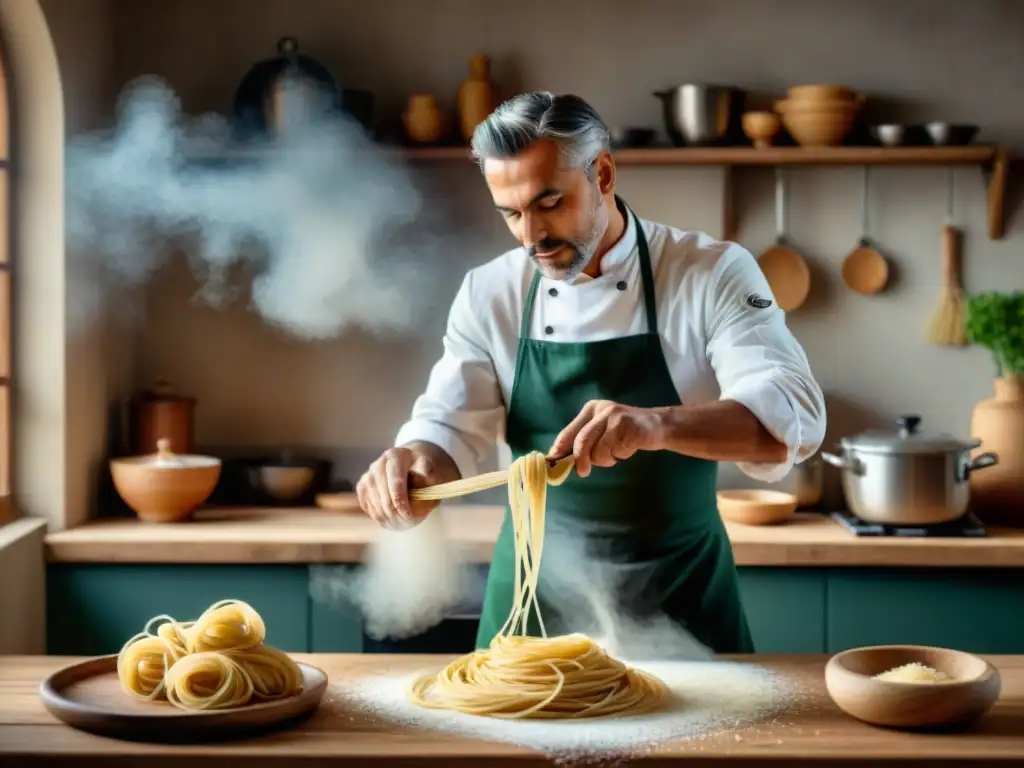 Un chef italiano experto en una cocina rústica twirleando pasta fresca para hacer spaghetti, con harina en el aire