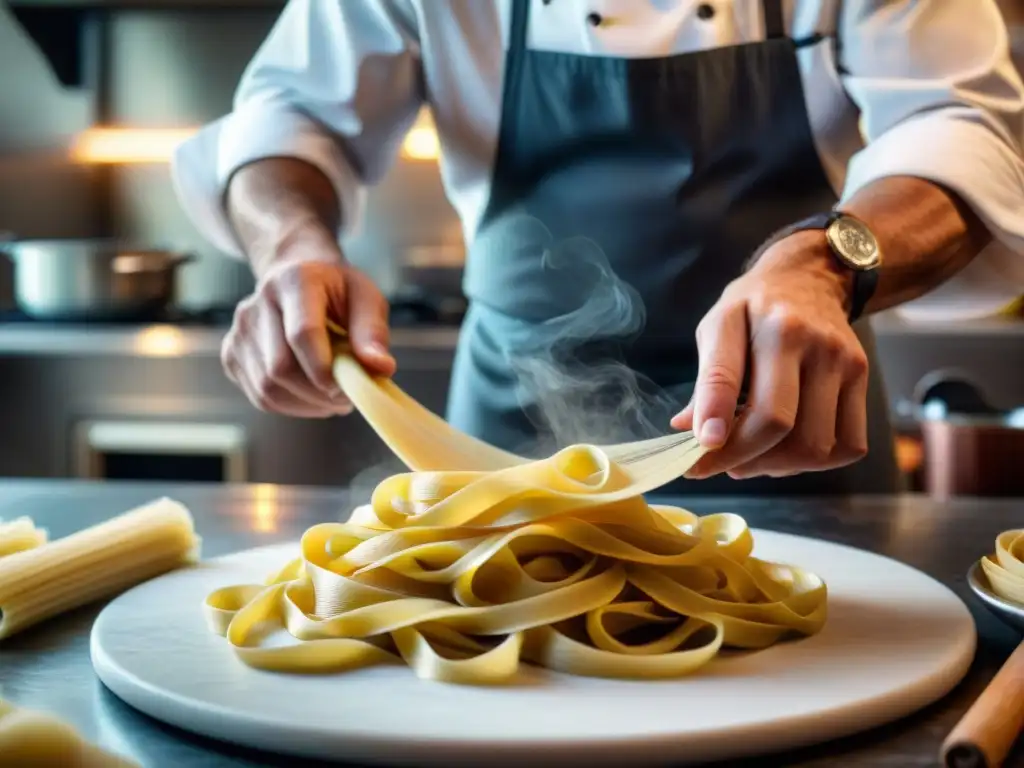 Un chef italiano experto en cocina italiana haciendo pasta fresca a mano en una cocina tradicional bulliciosa